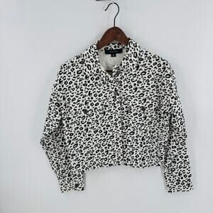 Miss Love‎ White Black Leopard Print 100% Cotton Cropped Jacket Size Small